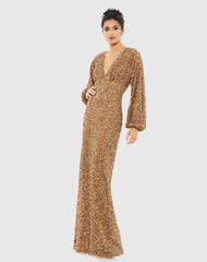 Brown Sequined Puff Sleeve V Neck Gown