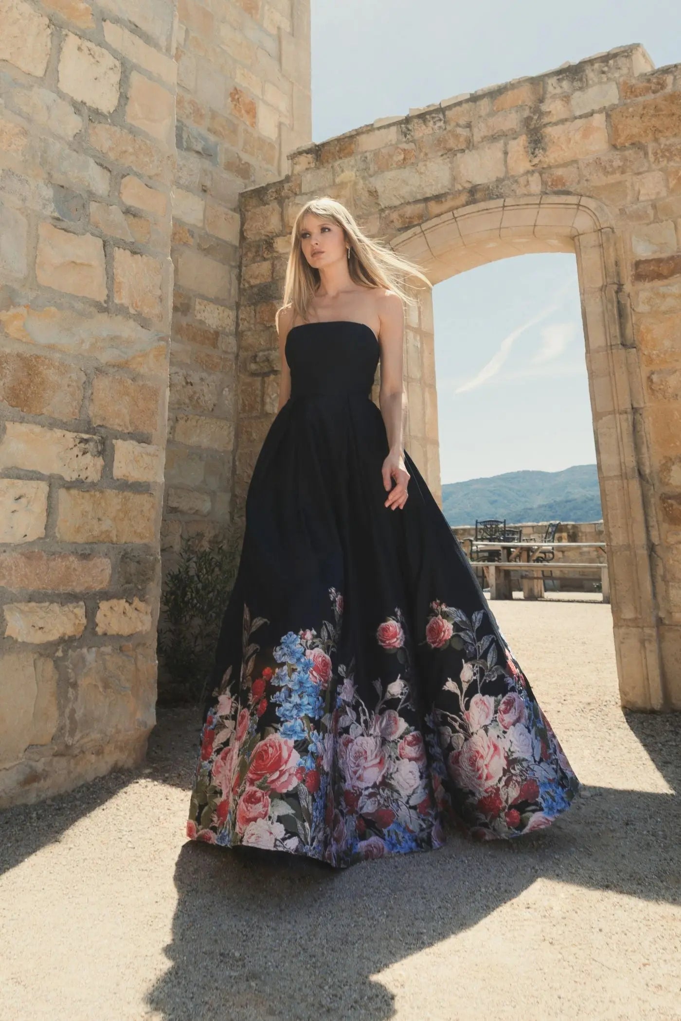 Black Strapless Floral Brocade Ballgown