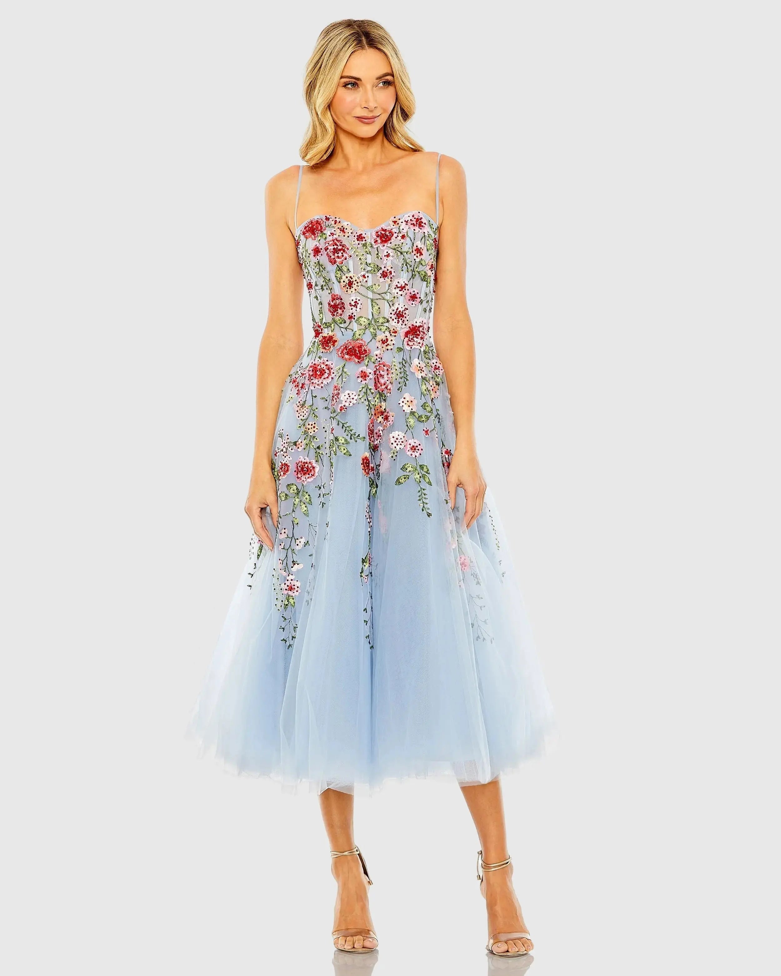 Slim Strap Sheer Bustier Embroidered Dress