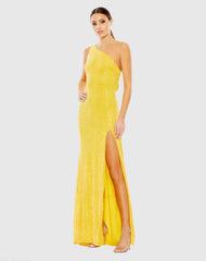 Sequined One Shoulder Draped Back Gown