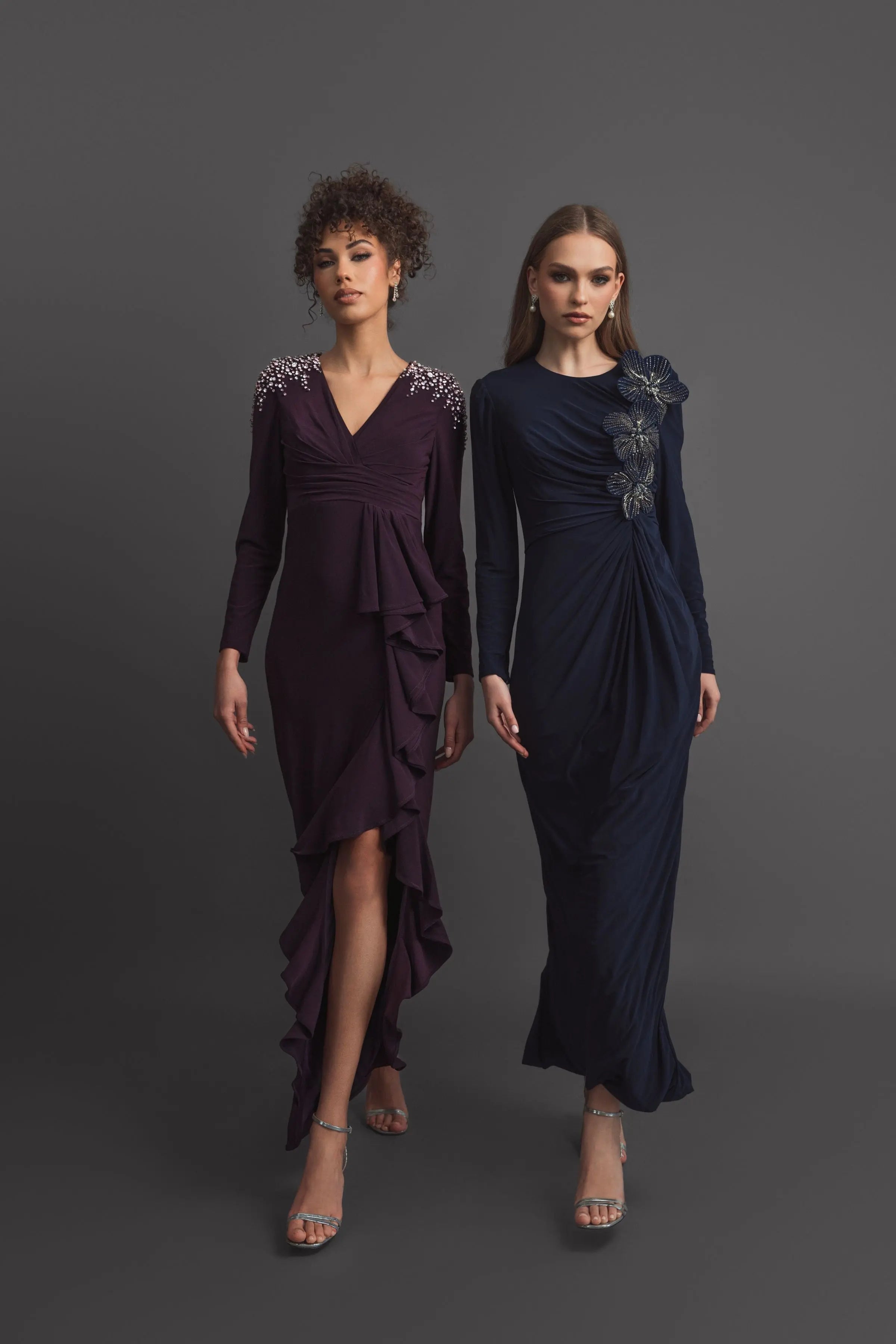 Purple Long Sleeve Gown with Cascading Ruffle & Rhinestone Shoulders