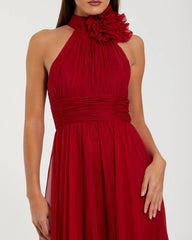 Red High Neck Sleeveless Chiffon Evening Gown with 3D Flower