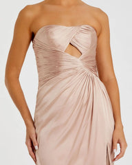Pink Strapless Charmeuse Wrap Gown With Cutout Detail