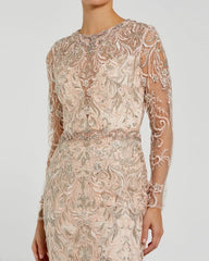 Pink Embroidered Illusion Long Sleeve Trumpet Gown
