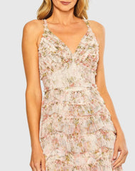 Pink Sleeveless V Neck Floral Mesh Ruffle Midi Dress