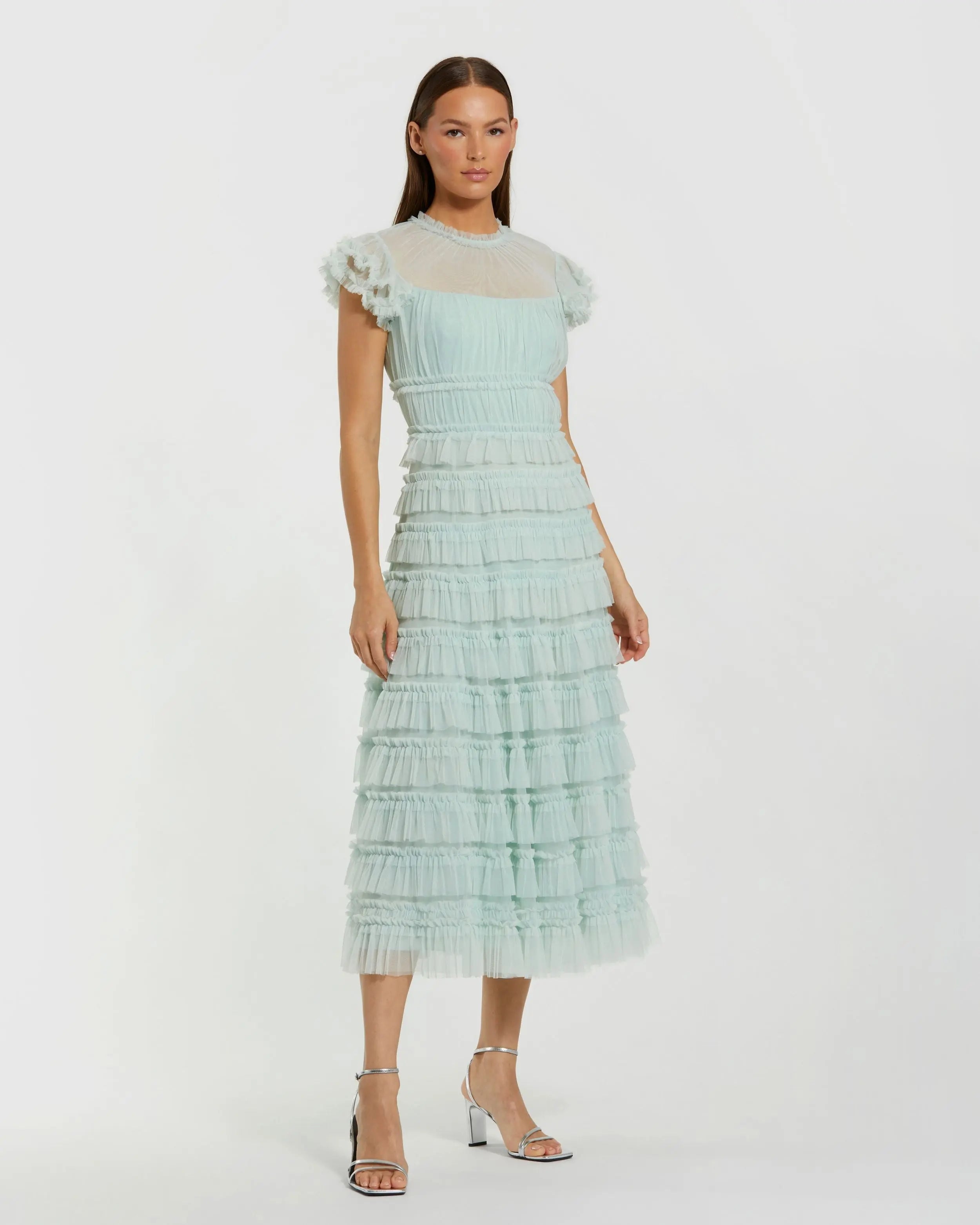 Ruffle High Neck Cap Sleeve Midi Dress