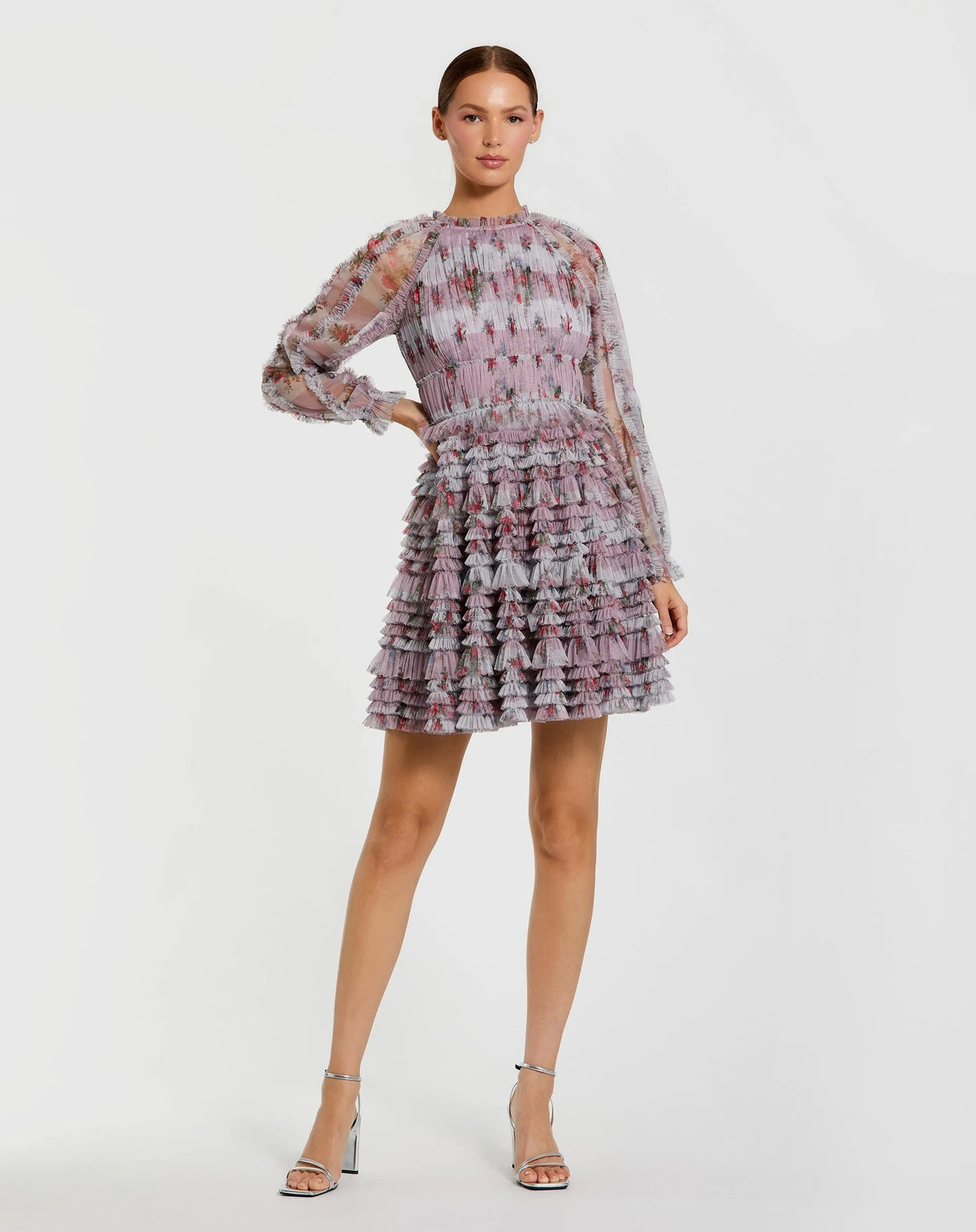 Purple Ruffle Long Sleeve Floral Mini Dress