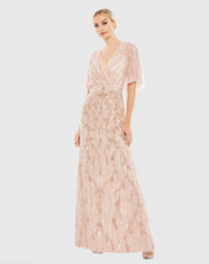 Embellished Cap Sleeve Faux Wrap Trumpet Gown