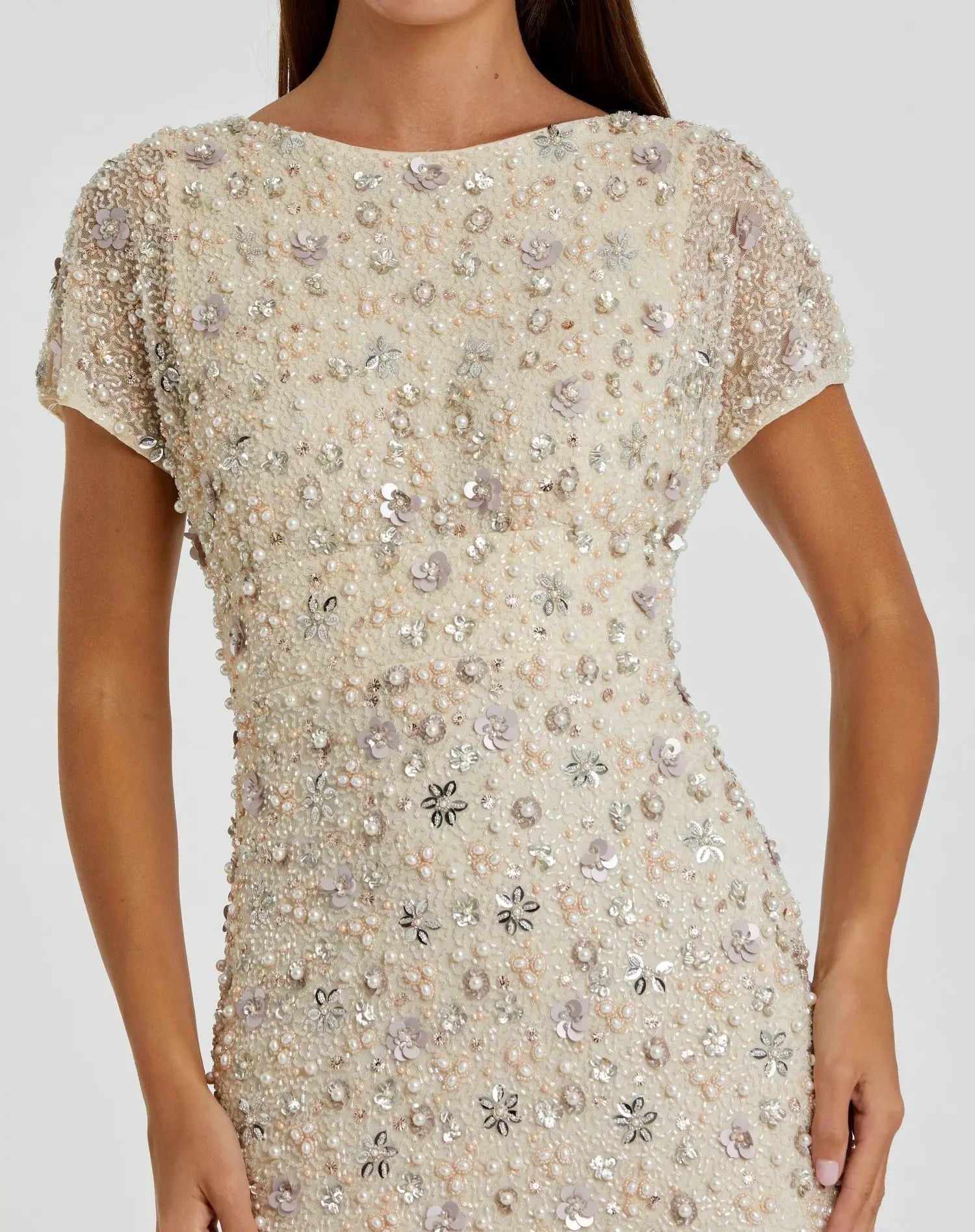 Ivory Floral Embellished Mesh Fitted Column Gown