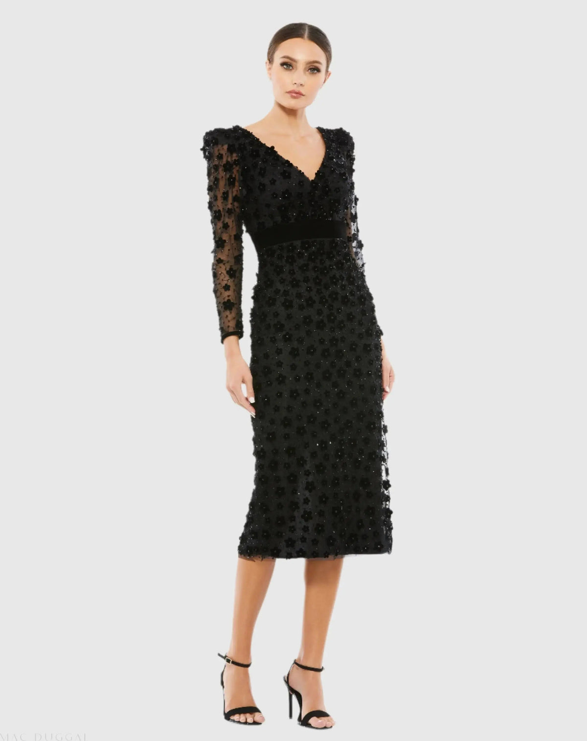 Black Velvet Embellished V Neck Long Sleeve Sheath Dress