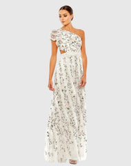 Multicolor Embroidered Ruffled One Shoulder Lace Up Gown